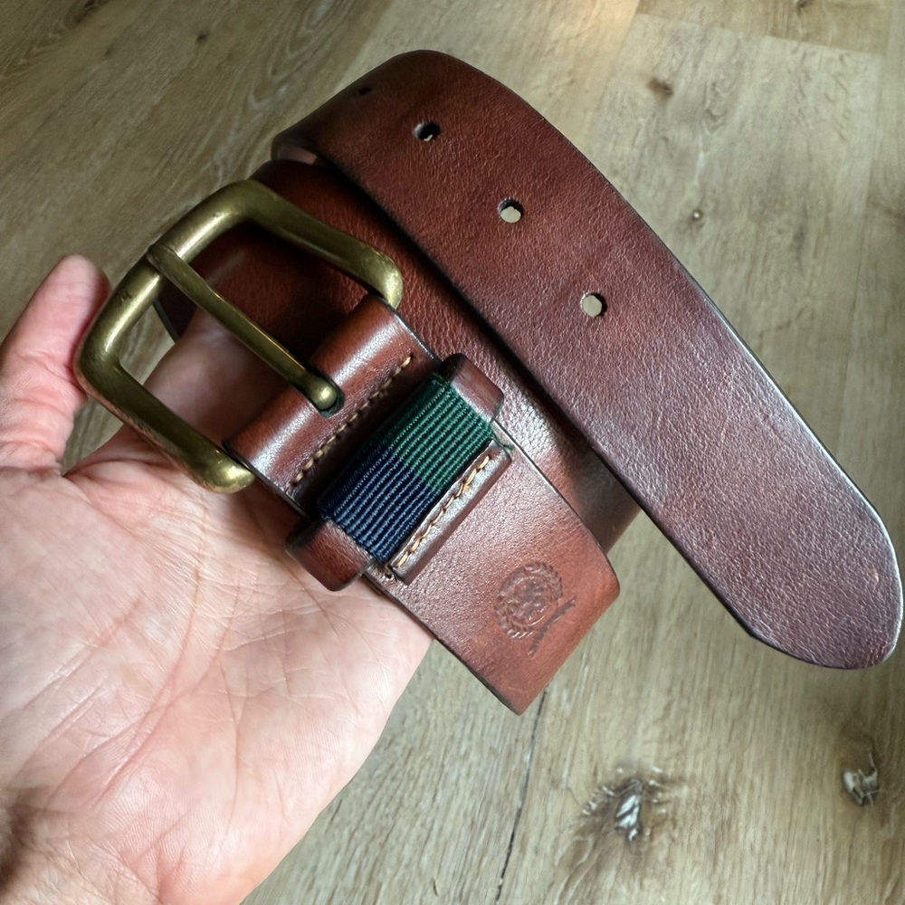 Tommy Hilfiger Men's Brown Leather Belt w/ Brass Buckle w/ Blue/Green Stitching